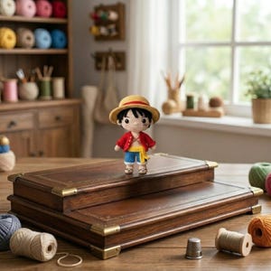 Pode incluir: Boneca de croch&ecirc; de um personagem com chap&eacute;u de palha, jaqueta vermelha, cal&ccedil;&otilde;es azuis e faixa amarela. Est&aacute; em uma caixa de madeira de dois n&iacute;veis com cantos de lat&atilde;o. Bobinas de linha e acess&oacute;rios de costura est&atilde;o espalhados ao redor.