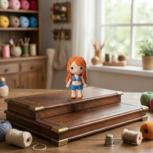 Pode incluir: Uma boneca de croch&ecirc; feita &agrave; m&atilde;o com cabelo laranja e um biqu&iacute;ni azul est&aacute; em uma caixa de madeira de dois n&iacute;veis com cantos de lat&atilde;o. A boneca &eacute; o ponto focal, mostrando o artesanato. O fundo inclui materiais de costura e uma janela.