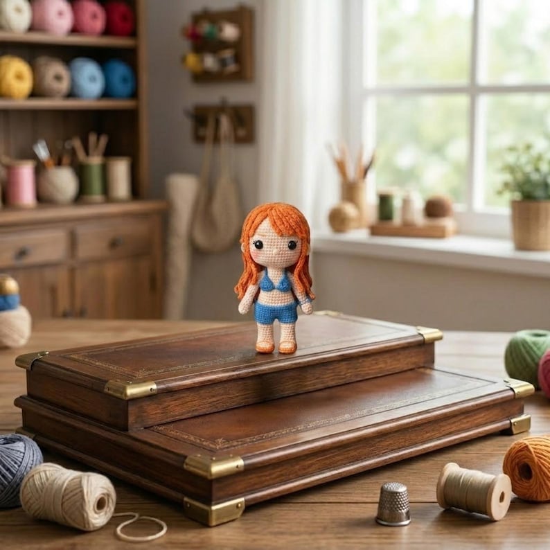 Pode incluir: Uma boneca de croch&ecirc; feita &agrave; m&atilde;o com cabelo laranja e um biqu&iacute;ni azul est&aacute; em uma caixa de madeira de dois n&iacute;veis com cantos de lat&atilde;o. A boneca &eacute; o ponto focal, mostrando o artesanato. O fundo inclui materiais de costura e uma janela.