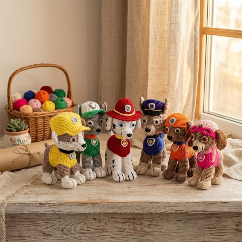 K&ouml;nnte beinhalten: Sechs handgefertigte H&auml;kel-Pl&uuml;schtiere, die Zeichentrickhunde in verschiedenen farbigen Uniformen darstellen, darunter Gelb, Gr&uuml;n, Rot, Blau, Orange und Pink. Jede Figur verf&uuml;gt &uuml;ber markante Kopfbedeckungen und gestickte Details auf einer Holzoberfl&auml;che.