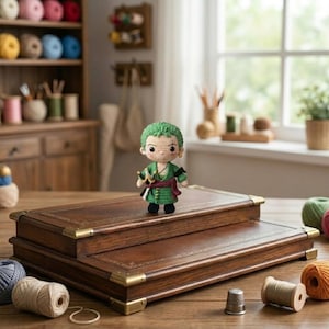 Pode incluir: Uma figura de croch&ecirc; feita &agrave; m&atilde;o de um personagem com cabelo verde e uma roupa verde, segurando duas espadas pequenas. A figura est&aacute; em cima de uma caixa de dois n&iacute;veis, em couro castanho, com cantos de lat&atilde;o. Materiais de costura em primeiro plano.