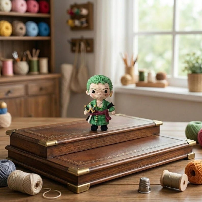 Pode incluir: Uma figura de croch&ecirc; feita &agrave; m&atilde;o de um personagem com cabelo verde e uma roupa verde, segurando duas espadas pequenas. A figura est&aacute; em cima de uma caixa de dois n&iacute;veis, em couro castanho, com cantos de lat&atilde;o. Materiais de costura em primeiro plano.