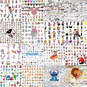 May include: A collage of various cartoon character images, including Mickey Mouse, Dumbo, Stitch, and characters from Frozen. The images are in various colors and styles, suitable for crafting or design projects.