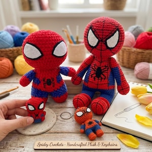 4-i-1 Low Sew Hero Spider Chibi Virkmönster PDF – Fotohandledning, Spider-Man Nyckelring, Direktnedladdning
