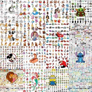 May include: A collage of various cartoon characters, including Disney princesses, Mickey Mouse, and characters from popular animated movies. The image features a variety of colors and styles, creating a vibrant and diverse collection of illustrations.