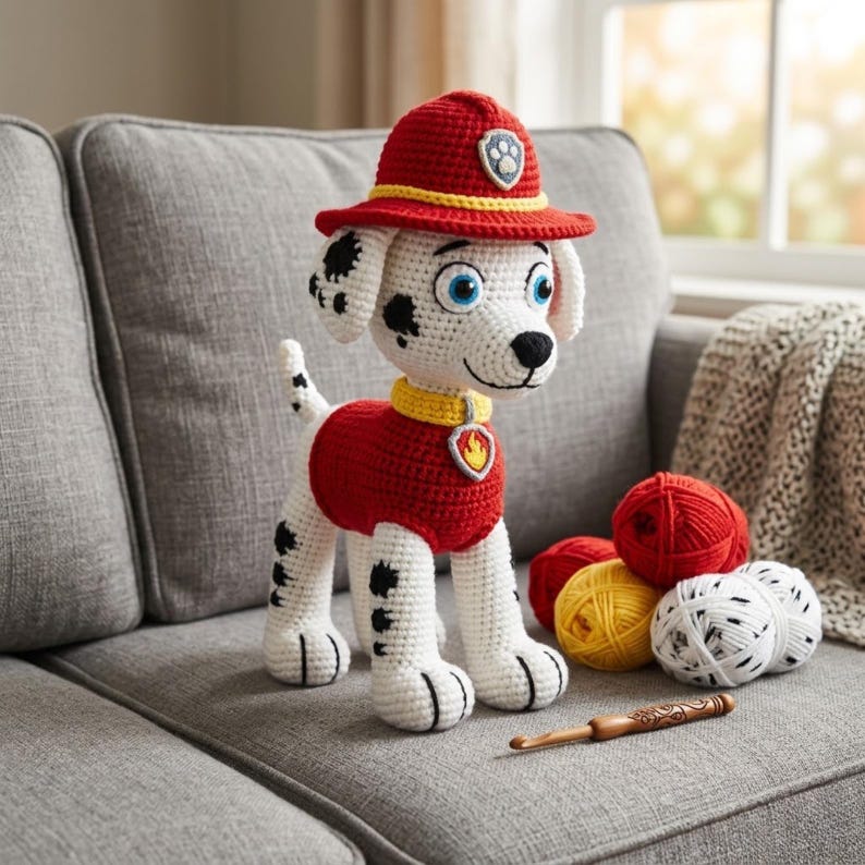 K&ouml;nnte beinhalten: Ein geh&auml;keltes Dalmatiner-Hundespielzeug mit einem roten Feuerwehrhelm mit Schildemblem, einer roten Weste und einem gelben Halsband mit Feuerabzeichen. Der wei&szlig;e Hund hat schwarze Flecken, blaue Augen und wird von Garnkn&auml;ueln und einer H&auml;kelnadel begleitet.