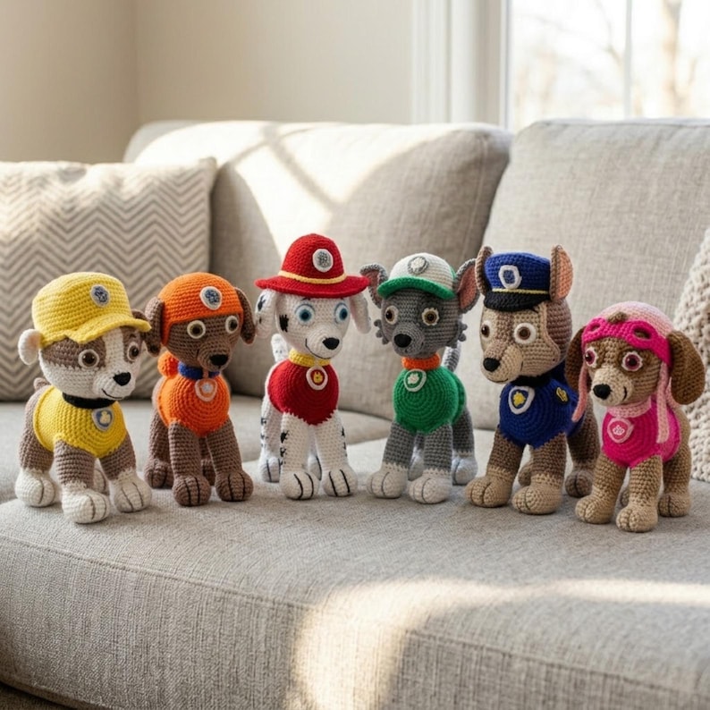 K&ouml;nnte beinhalten: Ein Set aus sechs geh&auml;kelten Hundefiguren, inspiriert von Paw Patrol Charakteren, die jeweils eine andersfarbige Uniform, einen Hut und ein Abzeichen tragen. Die Figuren sind in einer Reihe angeordnet und zeigen gelbe, orange, rote, gr&uuml;ne, blaue und rosa Farbschemata.