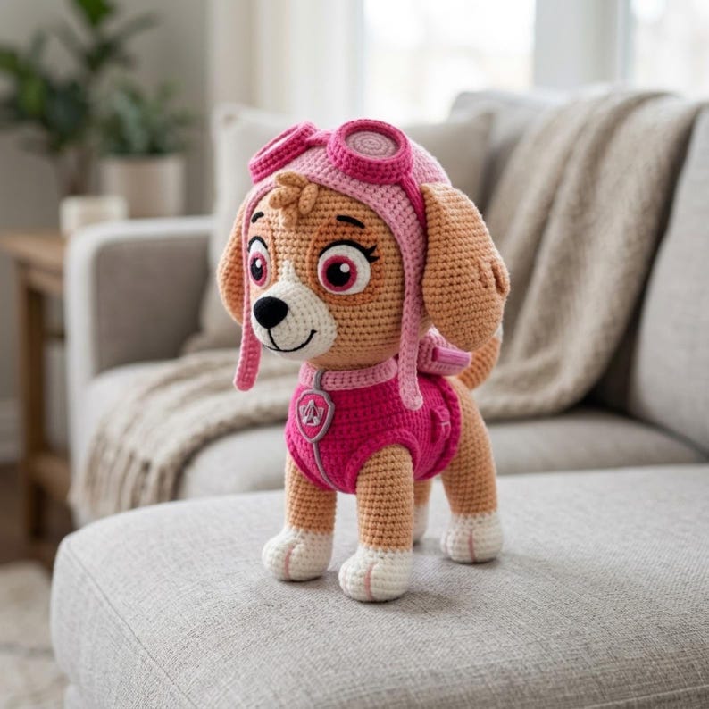 K&ouml;nnte beinhalten: Ein geh&auml;keltes Pl&uuml;schtier in Form eines beigen Hundes, der eine leuchtend pinke Weste und eine passende pinke Fliegerm&uuml;tze mit Schutzbrille tr&auml;gt. Der Hund hat gro&szlig;e pinke Augen, eine schwarze Nase und wei&szlig;e Pfoten. Die Weste hat ein kleines schildf&ouml;rmiges Emblem.