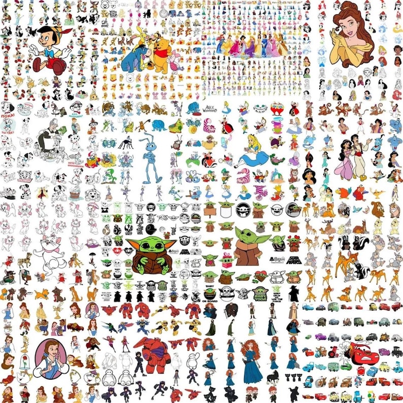May include: A collage of various cartoon character illustrations, including Disney princesses, Winnie the Pooh, Pinocchio, and Baby Yoda. The images are in various colors and styles, suitable for crafting or design projects.
