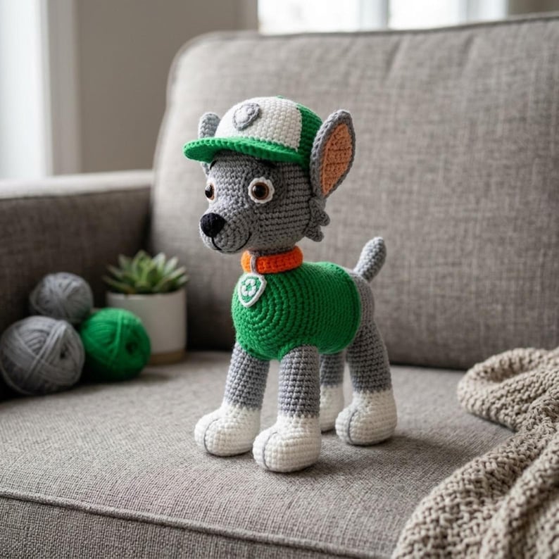 K&ouml;nnte beinhalten: Ein geh&auml;keltes Stofftier in Form eines grauen Hundes, bekleidet mit einem gr&uuml;nen Shirt, einem orangefarbenen Halsband mit wei&szlig;em Recycling-Symbol und einer wei&szlig;-gr&uuml;nen Baseballkappe. Der Hund hat wei&szlig;e Pfoten und gro&szlig;e braune Augen aus Garn.