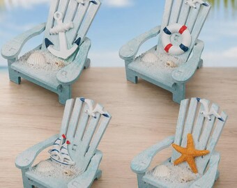 Set of 4 Mini Wooden Beach Chairs | Light Blue Coastal Nautical Decor