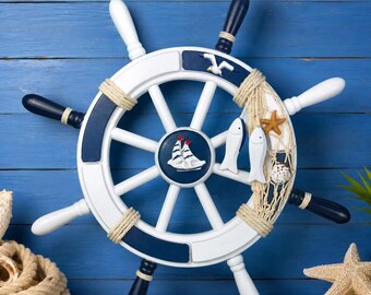 Nautical Ship Wheel Wall Decor | Wooden Beach House Steering Wheel, Coastal Art