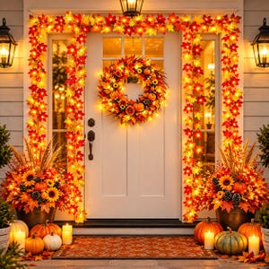 May include: A white front door decorated with a lit autumn garland of red, orange, and yellow maple leaves. A matching wreath with pumpkins and sunflowers hangs in the center. Two planters with sunflowers, wheat, and pumpkins sit on the porch.