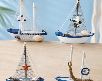 Set of 4 Mini Wooden Sailboat Decor | Blue White Coastal Beach House Nautical Ornaments