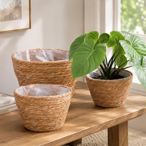 Woven Rattan Plant Pot Basket | Boho Straw Flower Pot Cover, Natural Indoor Planter