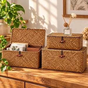 May include: Three rectangular woven storage baskets made of natural brown seagrass. Each basket features a hinged lid secured with a black elastic cord and a wooden toggle closure. The largest basket is open, revealing paper items inside.