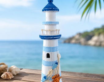 Handmade Wooden Lighthouse Decor with Crab | Coastal Beach House Table Centerpiece (12.25 Inch)