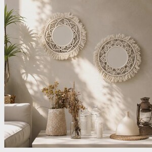 Boho Macrame Wall Mirror Set | 2 Round Hanging Mirrors with Fringe | Rustic Wall Decor | Nursery Bedroom Living Room Bohemian Decor