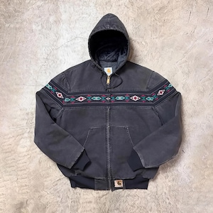 Vintage Carhartt Workwear Aztec Bomber Jacket, Mens Black Canvas Cotton Carhartt Hoodie, Retro Streetwear Coat