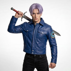 May include: A blue leather jacket with a Capsule Corp patch on the sleeve. The jacket has two chest pockets and a button-up front. The person is holding a sword over their shoulder. The jacket is a cosplay item.
