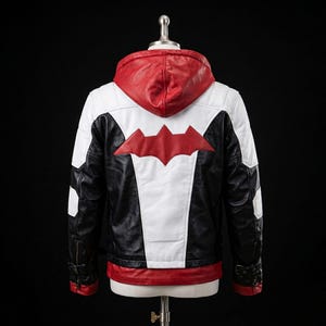 Handgemaakt Red Hood-cosplayjack, Jason Todd Arkham City-kostuum, leren bikerjack met capuchon, gaming-halloweenoutfit
