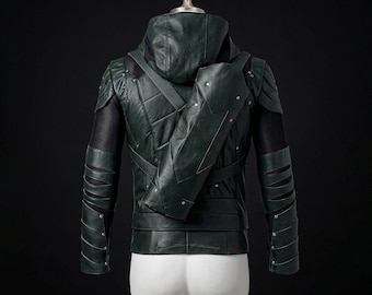 Chaqueta de cuero con capucha de Green Arrow Oliver Queen, disfraz de superhéroe arquero hecho a mano para cosplay para hombre.