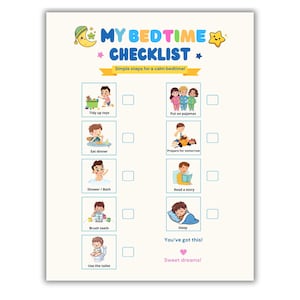 Op de afbeelding: Een bedtijdchecklist voor kinderen met de titel "MY BEDTIME CHECKLIST" in blauw en geel. De checklist bevat illustraties van kinderen die bedtijdroutines uitvoeren, zoals speelgoed opruimen, dineren en tandenpoetsen. De tekst "Simple steps for a calm bedtime!" is ook opgenomen.