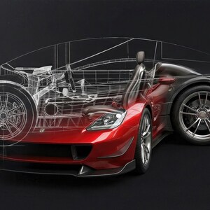 May include: A digital illustration of a red sports car transitioning from a white wireframe sketch to a finished, realistic vehicle. The car features a low-profile design, large alloy wheels, and a sleek body. The word arkao is visible in the corner.