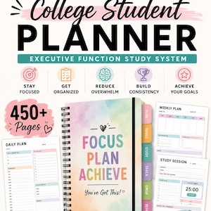 Könnte beinhalten: Ein spiralgebundener ADHD College Student Planner mit pastellfarbenem Aquarell-Cover, das den Text FOCUS PLAN ACHIEVE und You've Got This zeigt. Das Set enthält Tages- und Wochenplanungsseiten, Lernvorlagen und farbige Registerkarten.