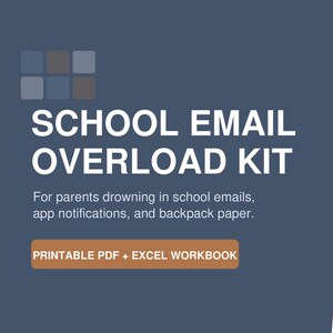 Peut inclure: Un outil d'organisation numérique intitulé School Email Overload Kit, comprenant un modèle de Weekly Triage Board avec des colonnes pour Action Items, FYI et Coming Up. Le document est disponible en PDF imprimable et classeur Excel.