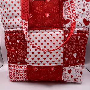 Love hearts themed home sewn patchwork bag.
