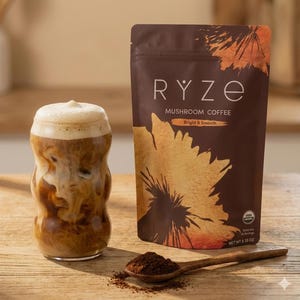 May include: A glass of coffee with milk and foam, a bag of RYZE Mushroom Coffee, and a wooden spoon with coffee grounds are on a wooden surface. The coffee bag is brown with the text "RYZE MUSHROOM COFFEE Bright & Smooth". The bag is 4.35 oz.