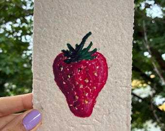 Original Erdbeer Öl Pastell Zeichnung | Handgeschöpfte Papierkunst