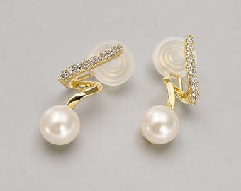 14K Gold Plated Pearl Clip-On Earrings, Zircon Curved Design, Minimalist Style