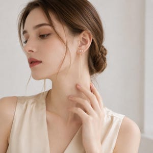 Gold Plated Pearl Tassel Clip On Earrings, Minimalist Long Chain Non Pierced Jewelry