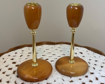Pair of Vintage Oregon Myrtlewood Candlesticks | Mid-Century Wood & Brass Candle Holders | Handcrafted Myrtlewood Decor