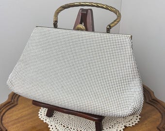 Vintage Whiting & Davis White Mesh Evening Bag – Mid-Century Frame Purse with Gold-Tone Handle