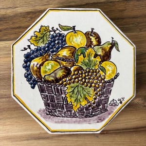 Vintage Hand Painted Ceramic Tile Trivet - Octagonal Fruit Basket Design