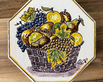 Vintage Hand Painted Ceramic Tile Trivet - Octagonal Fruit Basket Design