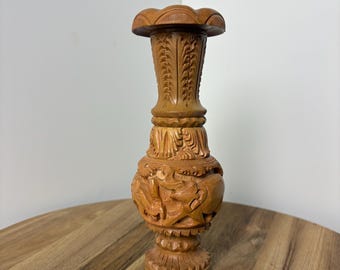Vintage Hand Carved Wood Flower Vase or Candlestick Holder - Wild Animal Design