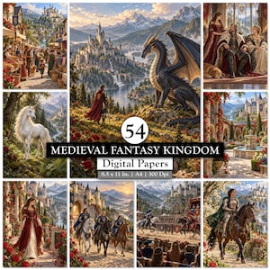 Puede incluir: Una colección de 54 papeles digitales con escenas de reinos de fantasía medieval, incluyendo castillos, dragones, caballeros, unicornios y realeza. El texto dice 54 MEDIEVAL FANTASY KINGDOM Digital Papers 8.5 x 11 In. | A4 | 300 Dpi.