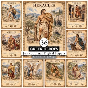 May include: A collection of nine digital paper designs featuring Greek heroes including Heracles, Perseus, and Achilles. Each page displays a central illustration, descriptive text, and small icon emblems. The set is labeled 36 Greek Heroes Junk Journal Digital Papers, 8.5 x 11 In., A4, 300 Dpi.