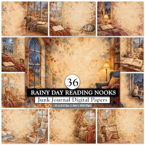 Può includere: Una collezione di 36 carte digitali intitolate Rainy Day Reading Nooks Junk Journal Digital Papers, che presenta varie illustrazioni di angoli lettura con libri, gatti, poltrone e finestre piovose in caldi toni autunnali.