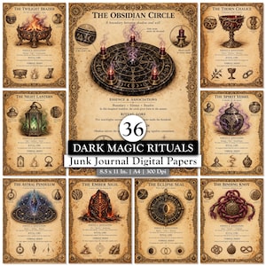 May include: A collection of 36 digital paper sheets featuring dark magic rituals with parchment-style backgrounds. Each page displays detailed illustrations of mystical objects like a brazier, chalice, lantern, and obsidian circle with descriptive text.