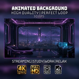 Puede incluir: Un fondo animado que muestra una habitación futurista con iluminación de neón púrpura, una cama y un escritorio con vistas a una ciudad de noche. El texto incluye ANIMATED BACKGROUND, HIGH QUALITY, PERFECT LOOP, 30 FPS, STREAMING, STUDY, WORK, RELAX, 4K, FULL HD, MP4 y PNG.