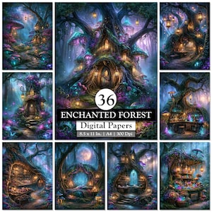 Könnte beinhalten: Eine Sammlung von 36 digitalen Papieren mit verzauberten Waldszenen, Baumhäusern, leuchtenden Pilzen und Laternen. Der Text lautet 36 ENCHANTED FOREST Digital Papers 8.5 x 11 In. | A4 | 300 Dpi, in violetten und blauen Farbtönen gehalten.