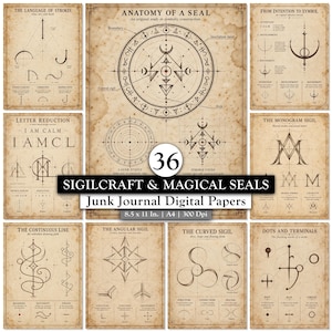 May include: A collection of ten vintage-style parchment papers featuring dark brown ink diagrams, geometric sigils, and instructional text titled Sigilcraft & Magical Seals. The pages display technical drawings, anatomy of seals, and letter reduction guides.