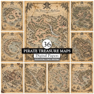 Peut inclure: Une collection de neuf cartes au trésor de pirates au style vintage sur papier parchemin vieilli. Chaque carte présente des illustrations détaillées d'îles, de montagnes, de navires et de chemins pointillés menant à des lieux marqués.