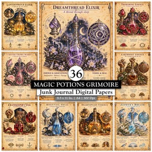 Puede incluir: Una colección de 36 hojas de papel digital titulada Magic Potions Grimoire, con fondos de pergamino de estilo vintage que muestran ilustraciones detalladas de frascos de pociones, símbolos mágicos y texto descriptivo en formato de 21,6 x 27,9 cm.