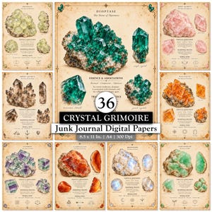 Könnte beinhalten: Eine Sammlung von 36 digitalen Papierbögen mit dem Titel Crystal Grimoire, die Illustrationen verschiedener Kristalle wie Dioptas, Prehnit und Rosenquarz auf gealterten Pergamenthintergründen mit Text, Symbolen und A4-Maßen zeigt.